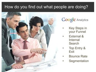 Key Steps in your Funnel  External & Internal Search Top Entry & Exit Bounce Rate Segmentation How do you find out what people are doing? 