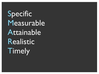 S pecific M easurable A ttainable R ealistic T imely 