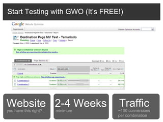 Start Testing with GWO (It’s FREE!) minimum 2-4 Weeks ~100 conversions per combination Traffic Website you have this right? 