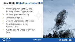 #SMX #22A @keithgoode
• Proving the Value of SEO and
Showing Missed Opportunities
• Educating and Reinforcing
• Democratizing SEO
• Creating Standards and Policies
• Embedding Assets in the
Business Units
• Avoiding Being Cheap with Your
Geos
Ideal State Global Enterprise SEO
 