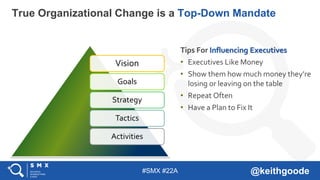 #SMX #22A @keithgoode
True Organizational Change is a Top-Down Mandate
Vision
Goals
Strategy
Tactics
Activities
Tips For Influencing Executives
• Executives Like Money
• Show them how much money they’re
losing or leaving on the table
• Repeat Often
• Have a Plan to Fix It
 