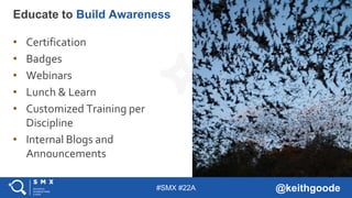 #SMX #22A @keithgoode
• Certification
• Badges
• Webinars
• Lunch & Learn
• Customized Training per
Discipline
• Internal Blogs and
Announcements
Educate to Build Awareness
 