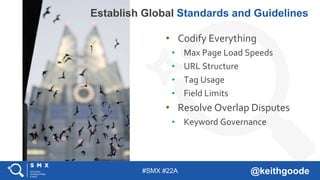 #SMX #22A @keithgoode
• Codify Everything
• Max Page Load Speeds
• URL Structure
• Tag Usage
• Field Limits
• Resolve Overlap Disputes
• Keyword Governance
Establish Global Standards and Guidelines
 