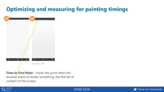 #SMX #32A @basgr from @peakaceag
Optimizing and measuring for painting timings
#1 #2
First Paint (FP)
Time to First Paint – marks the point when the
browser starts to render something, the first bit of
content on the screen.
 
