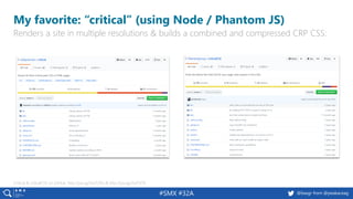 #SMX #32A @basgr from @peakaceag
My favorite: “critical” (using Node / Phantom JS)
Renders a site in multiple resolutions & builds a combined and compressed CRP CSS:
Critical & criticalCSS on GitHub: http://pa.ag/2wJTZAu & http://pa.ag/2wT1ST9
 