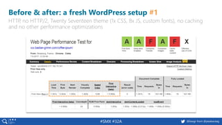 #SMX #32A @basgr from @peakaceag
Before & after: a fresh WordPress setup #1
HTTP, no HTTP/2, Twenty Seventeen theme (1x CSS, 8x JS, custom fonts), no caching
and no other performance optimizations
 