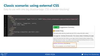 #SMX #32A @basgr from @peakaceag
Classic scenario: using external CSS
Easy to use with one big disadvantage: CSS is render-blocking!
 