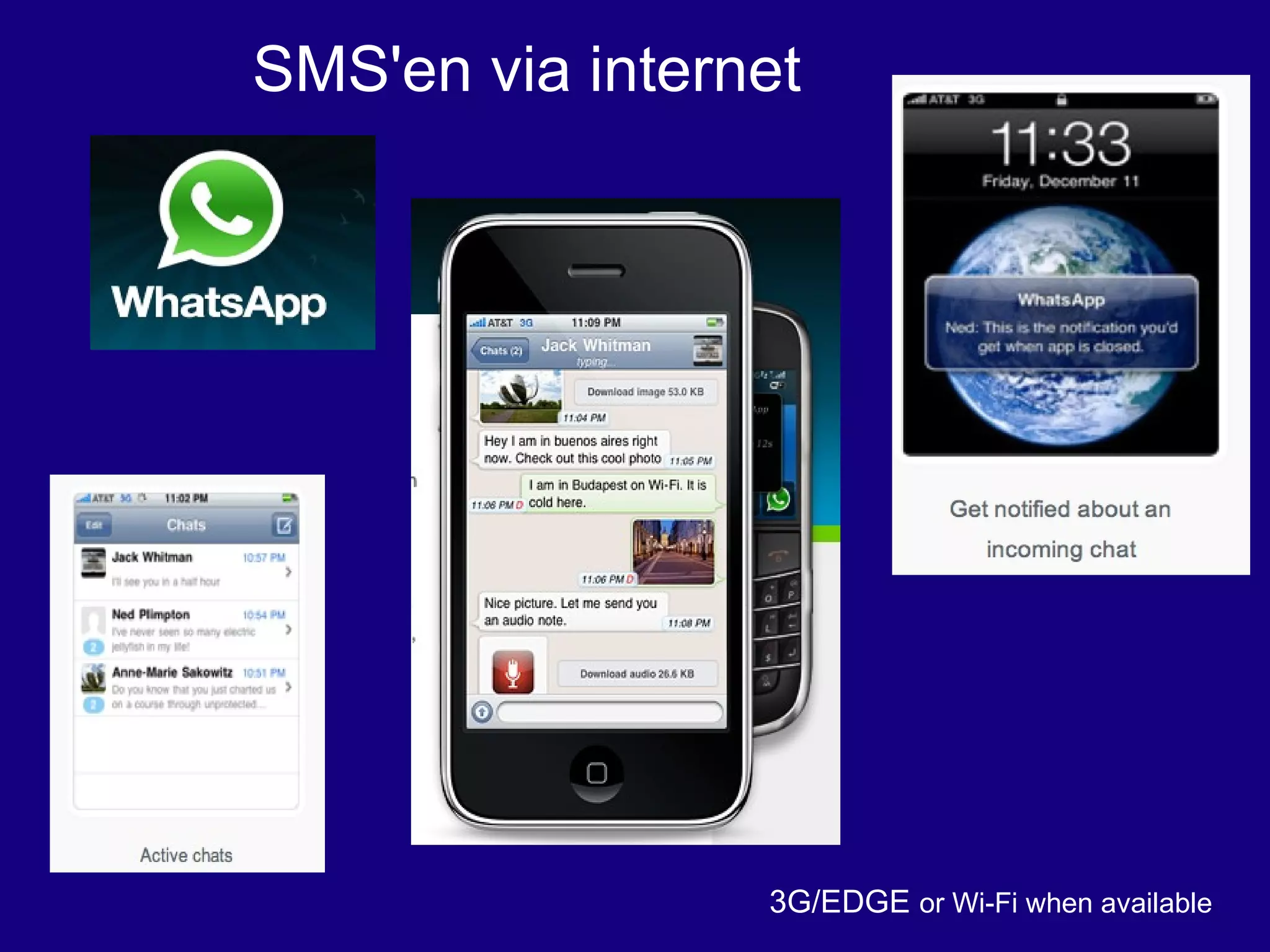 3G/EDGE  or Wi-Fi when available SMS'en via internet 