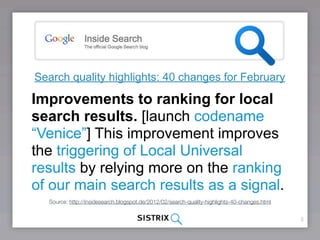 Search quality highlights: 40 changes for February

Improvements to ranking for local
search results. [launch codename
“Venice”] This improvement improves
the triggering of Local Universal
results by relying more on the ranking
of our main search results as a signal.
  Source: http://insidesearch.blogspot.de/2012/02/search-quality-highlights-40-changes.html


                                                                                              3
 