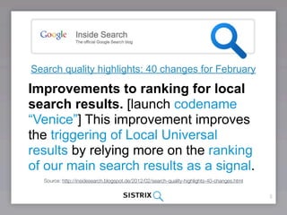 Search quality highlights: 40 changes for February

Improvements to ranking for local
search results. [launch codename
“Ve...