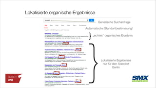 Lokalisierte organische Ergebnisse
Lokalisierte Ergebnisse
nur für den Standort
Berlin
„echtes“ organisches Ergebnis
}
Automatische Standortbestimmung!
Generische Suchanfrage
}
 