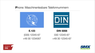 Phone: Maschinenlesbare Telefonnummern
(030) 12345 67
+49 30 12345-67
DIN 5008
030 12345-67	
E.123
+49 30 1234567
 