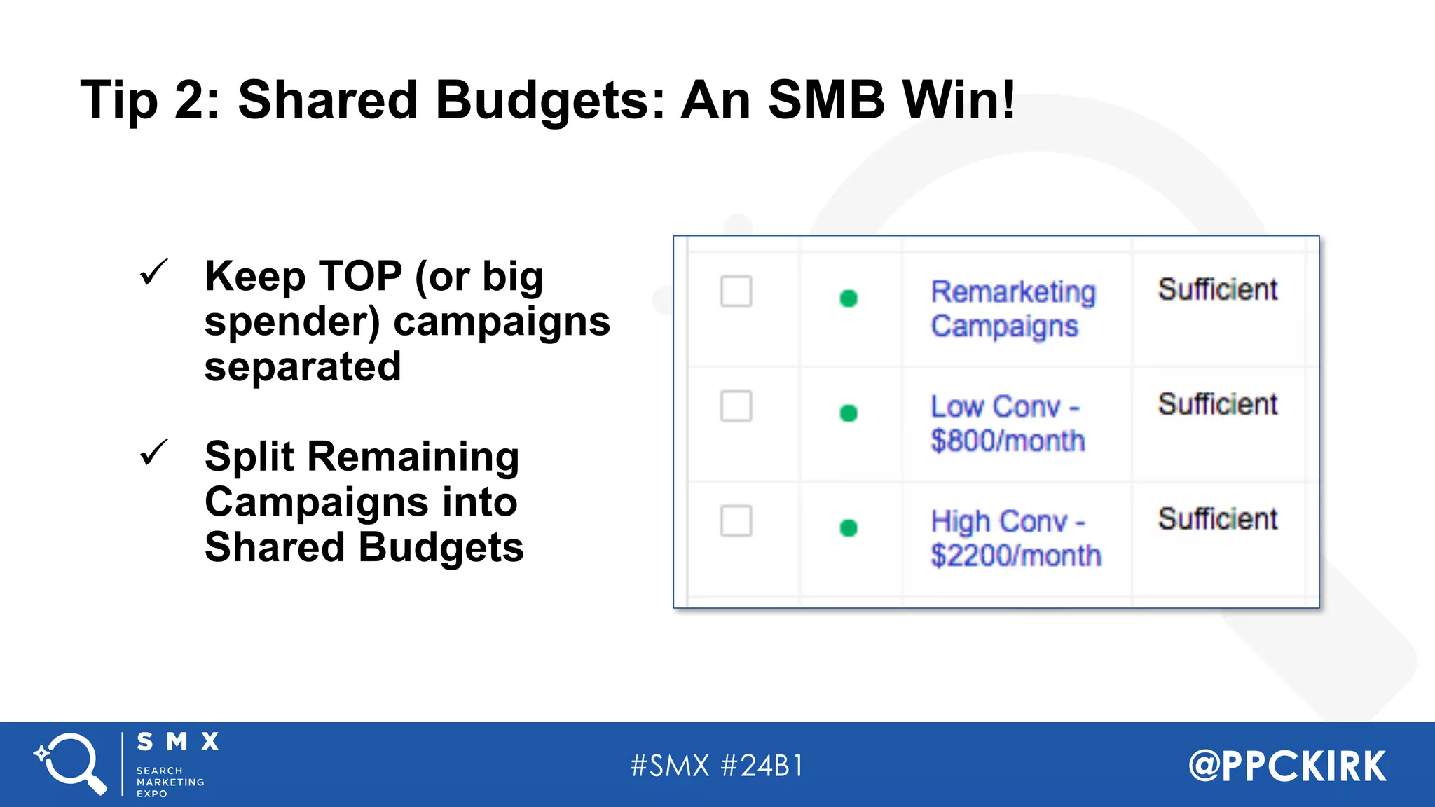#SMX #24B1 @PPCKIRK
Tip 2: Shared Budgets: An SMB Win!
ü Keep TOP (or big
spender) campaigns
separated
ü Split Remaining
Campaigns into
Shared Budgets
 