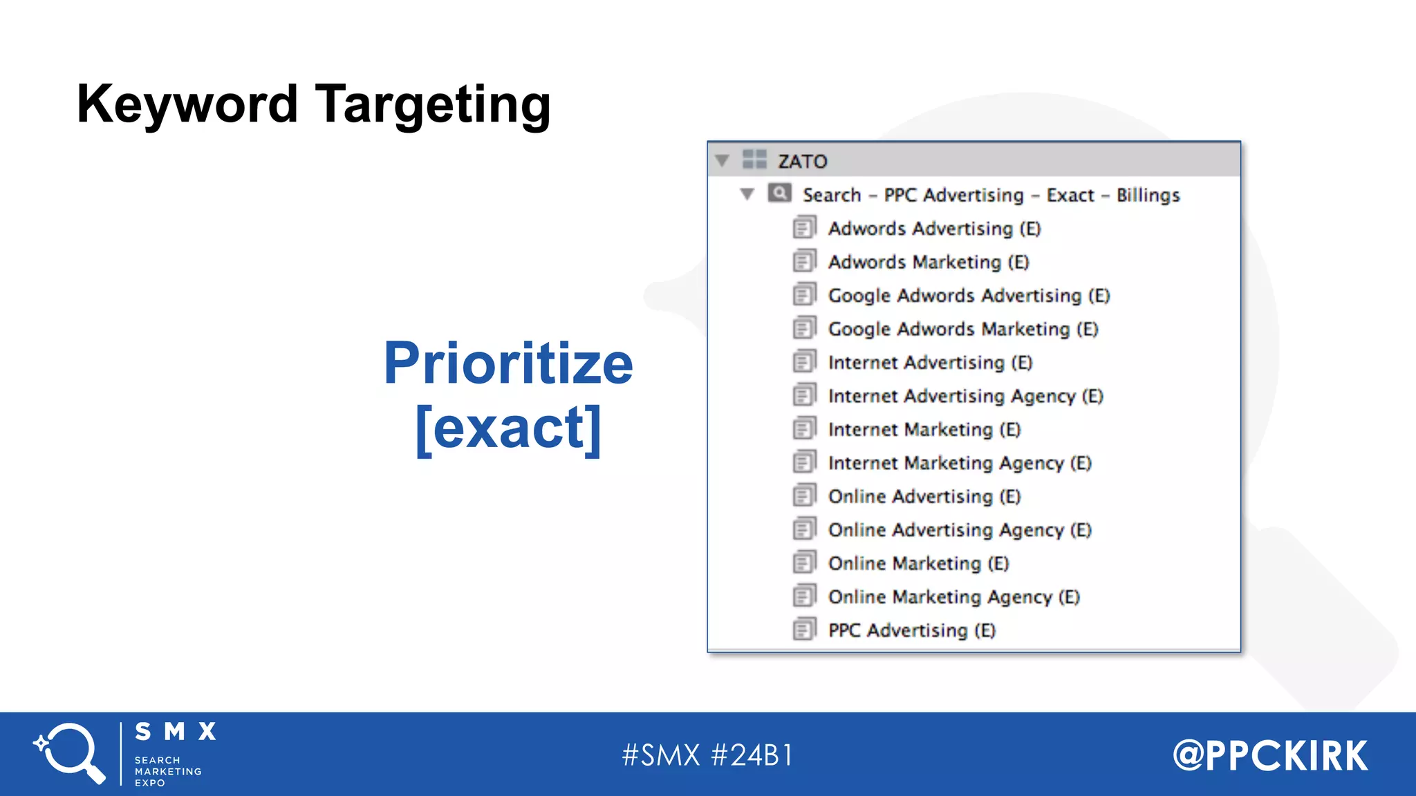 #SMX #24B1 @PPCKIRK
Keyword Targeting
Prioritize
[exact]
 