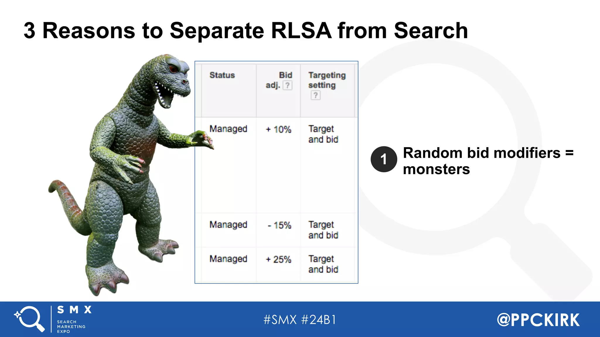 #SMX #24B1 @PPCKIRK
3 Reasons to Separate RLSA from Search
Random bid modifiers =
monsters
1
 