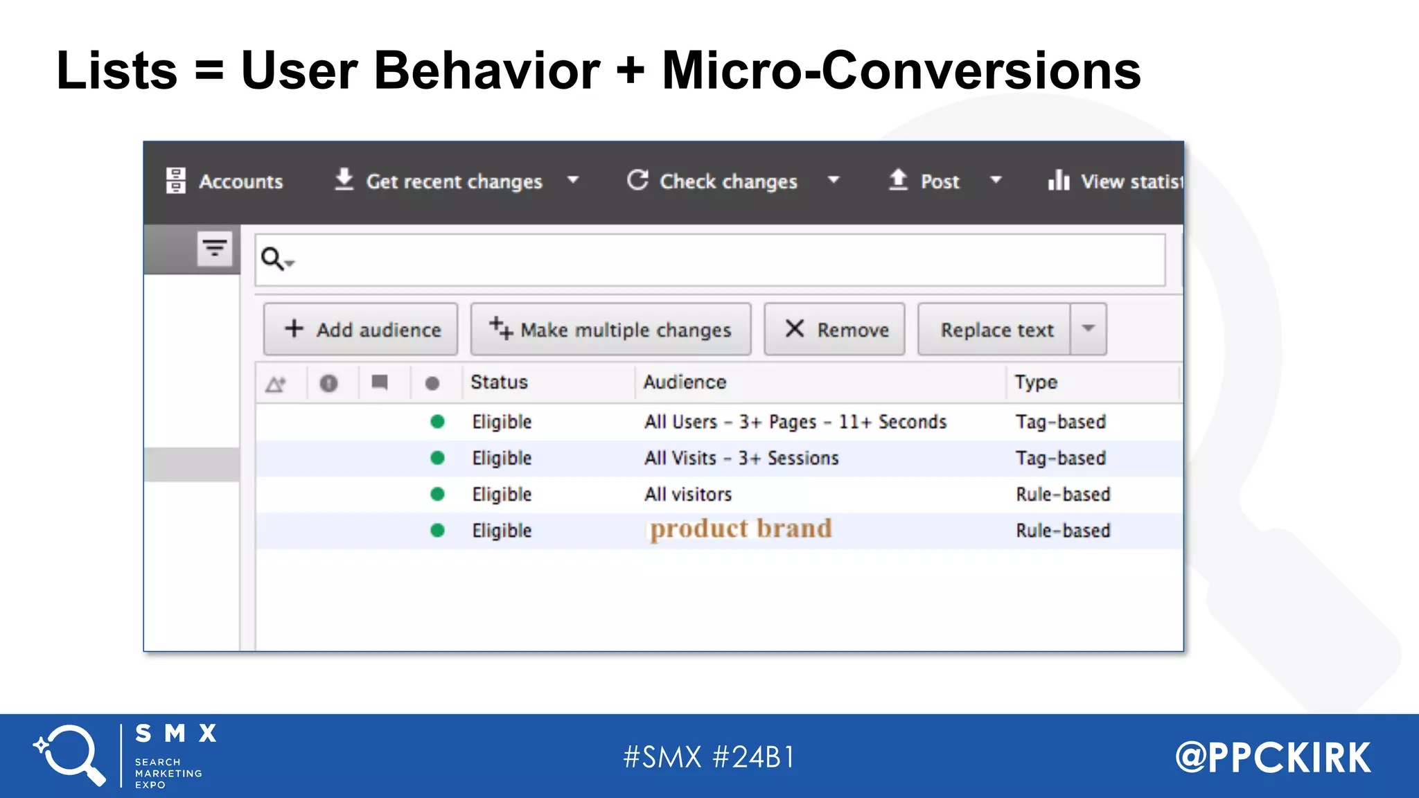 #SMX #24B1 @PPCKIRK
Lists = User Behavior + Micro-Conversions
 