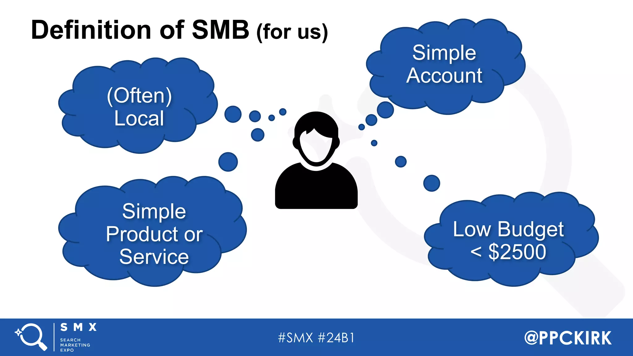 #SMX #24B1 @PPCKIRK
Definition of SMB (for us)
(Often)
Local
Simple
Account
Simple
Product or
Service
Low Budget
< $2500
 