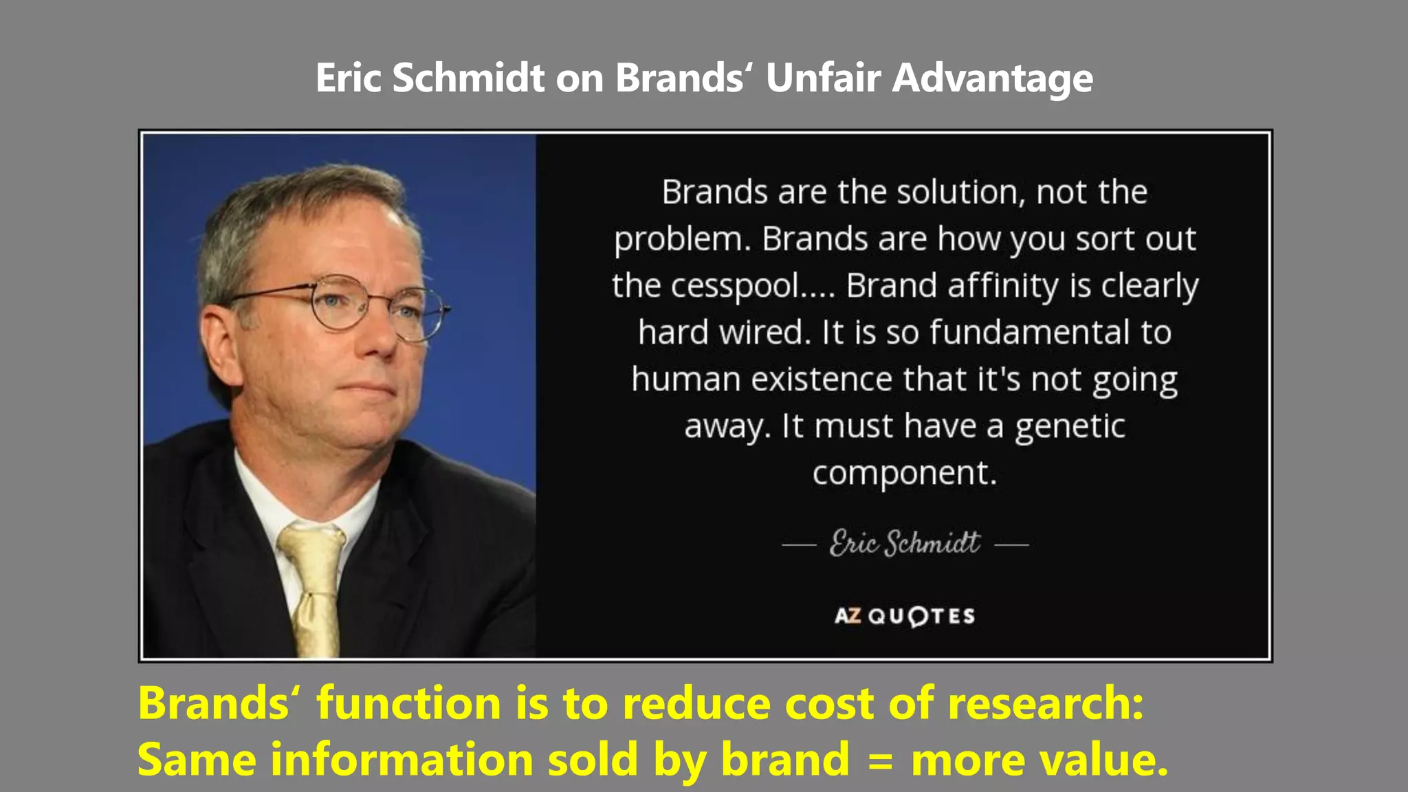 Eric Schmidt on Brands‘ Unfair Advantage
Brands‘ function is to reduce cost of research:
Same information sold by brand = more value.
 