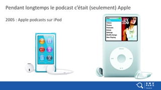 2018/2019 : accélération brutale des mediums de distribution
2005 : Apple podcasts sur iPod
2018 (juin) : lancement de Goo...