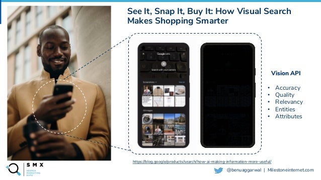 @SPEAKERNAME/#SMX
@benuaggarwal | Milestoneinternet.com
https://blog.google/products/search/how-ai-making-information-more-useful/
See It, Snap It, Buy It: How Visual Search
Makes Shopping Smarter
Vision API
• Accuracy
• Quality
• Relevancy
• Entities
• Attributes
 