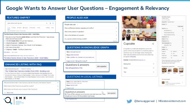 @SPEAKERNAME/#SMX
@benuaggarwal | Milestoneinternet.com
Google Wants to Answer User Questions – Engagement & Relevancy
QUESTIONS IN KNOWLEDGE GRAPH
QUESTIONS IN LOCAL LISTINGS
ENHANCED LISTING WITH FAQ
FEATURED SNIPPET PEOPLE ALSO ASK
 