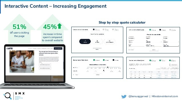 @SPEAKERNAME/#SMX
@benuaggarwal | Milestoneinternet.com
Interactive Content – Increasing Engagement
Step by step quote calculator
51%
of users visiting
the page
45%
increase in time
spent compared
to overall website
 