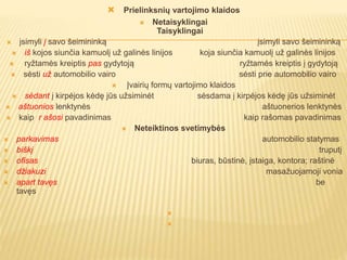  Prielinksnių vartojimo klaidos
 Netaisyklingai
Taisyklingai
 įsimyli į savo šeimininką įsimyli savo šeimininką
 iš kojos siunčia kamuolį už galinės linijos koja siunčia kamuolį už galinės linijos
 ryžtamės kreiptis pas gydytoją ryžtamės kreiptis į gydytoją
 sėsti už automobilio vairo sėsti prie automobilio vairo
 Įvairių formų vartojimo klaidos
 sėdant į kirpėjos kėdę jūs užsiminėt sėsdama į kirpėjos kėdę jūs užsiminėt
 aštuonios lenktynės aštuonerios lenktynės
 kaip r ašosi pavadinimas kaip rašomas pavadinimas
 Neteiktinos svetimybės
 parkavimas automobilio statymas
 biškį truputį
 ofisas biuras, būstinė, įstaiga, kontora; raštinė
 džiakuzi masažuojamoji vonia
 apart tavęs be
tavęs


 