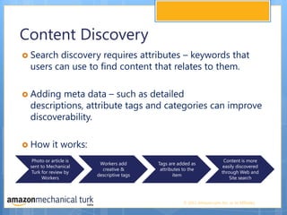 Content Discovery Search discovery requires attributes – keywords that users can use to find content that relates to them. Adding meta data – such as detailed descriptions, attribute tags and categories can improve discoverability.How it works:  