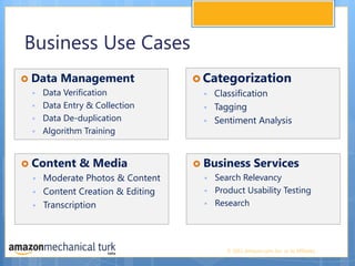 Business Use CasesCategorizationClassificationTaggingSentiment AnalysisData ManagementData VerificationData Entry & CollectionData De-duplicationAlgorithm TrainingContent & MediaModerate Photos & ContentContent Creation & EditingTranscriptionBusiness ServicesSearch Relevancy Product Usability Testing Research