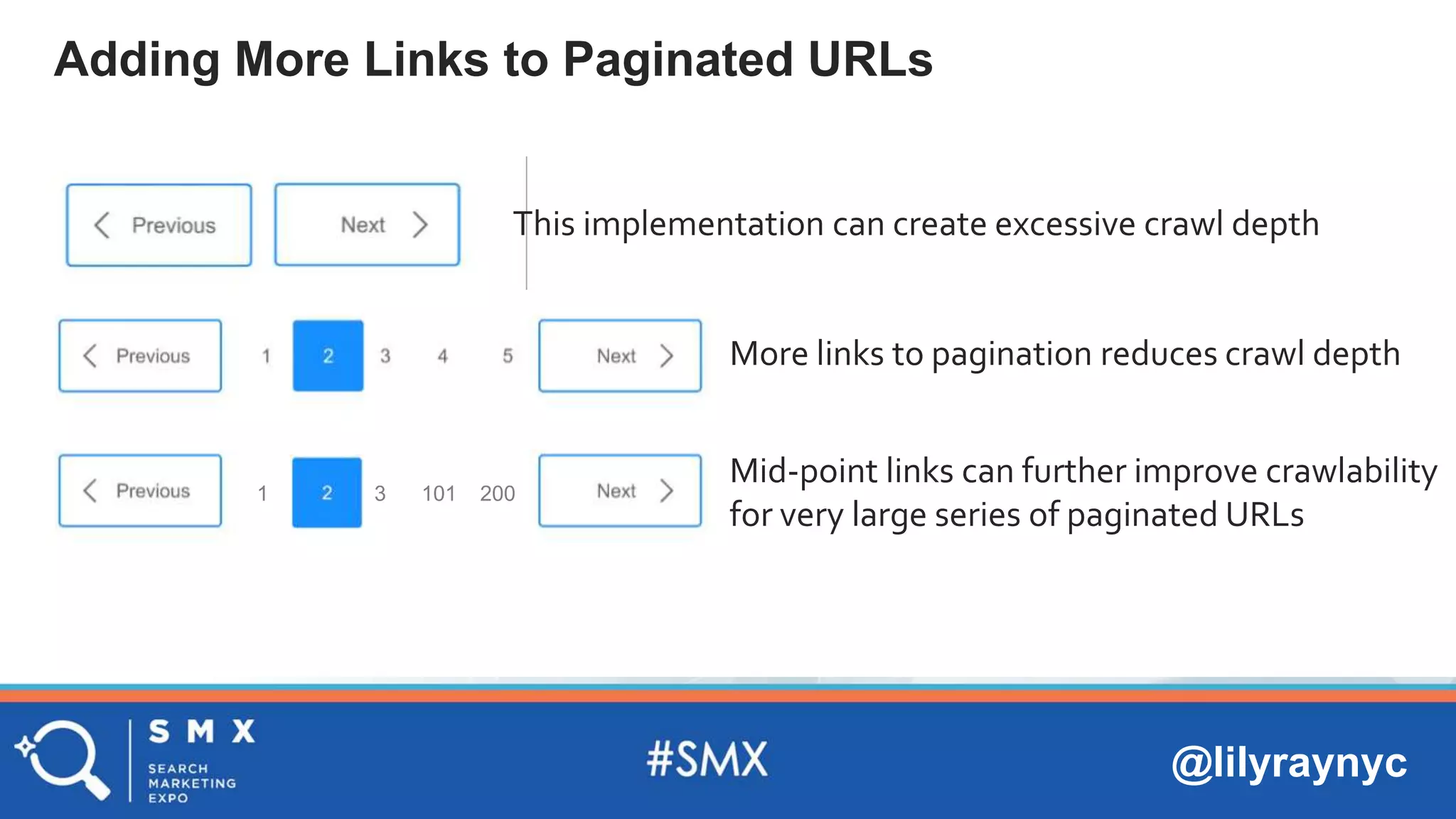 @lilyraynyc
Adding More Links to Paginated URLs
This implementation can create excessive crawl depth
More links to pagination reduces crawl depth
1 2 3 101 200
Mid-point links can further improve crawlability
for very large series of paginated URLs
 