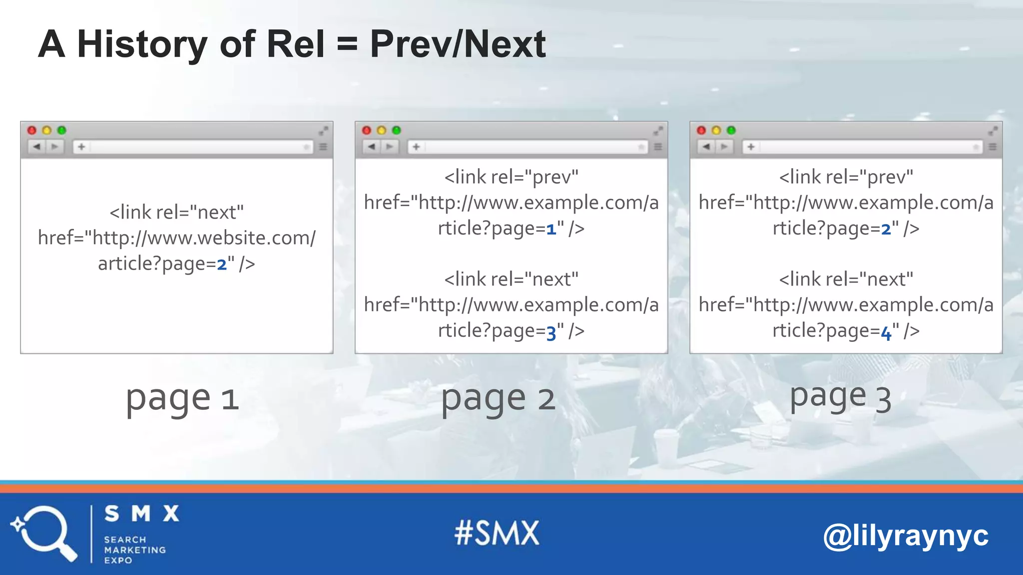 @lilyraynyc
A History of Rel = Prev/Next
<link rel="next"
href="http://www.website.com/
article?page=2" />
<link rel="prev"
href="http://www.example.com/a
rticle?page=1" />
<link rel="next"
href="http://www.example.com/a
rticle?page=3" />
<link rel="prev"
href="http://www.example.com/a
rticle?page=2" />
<link rel="next"
href="http://www.example.com/a
rticle?page=4" />
page 1 page 2 page 3
 