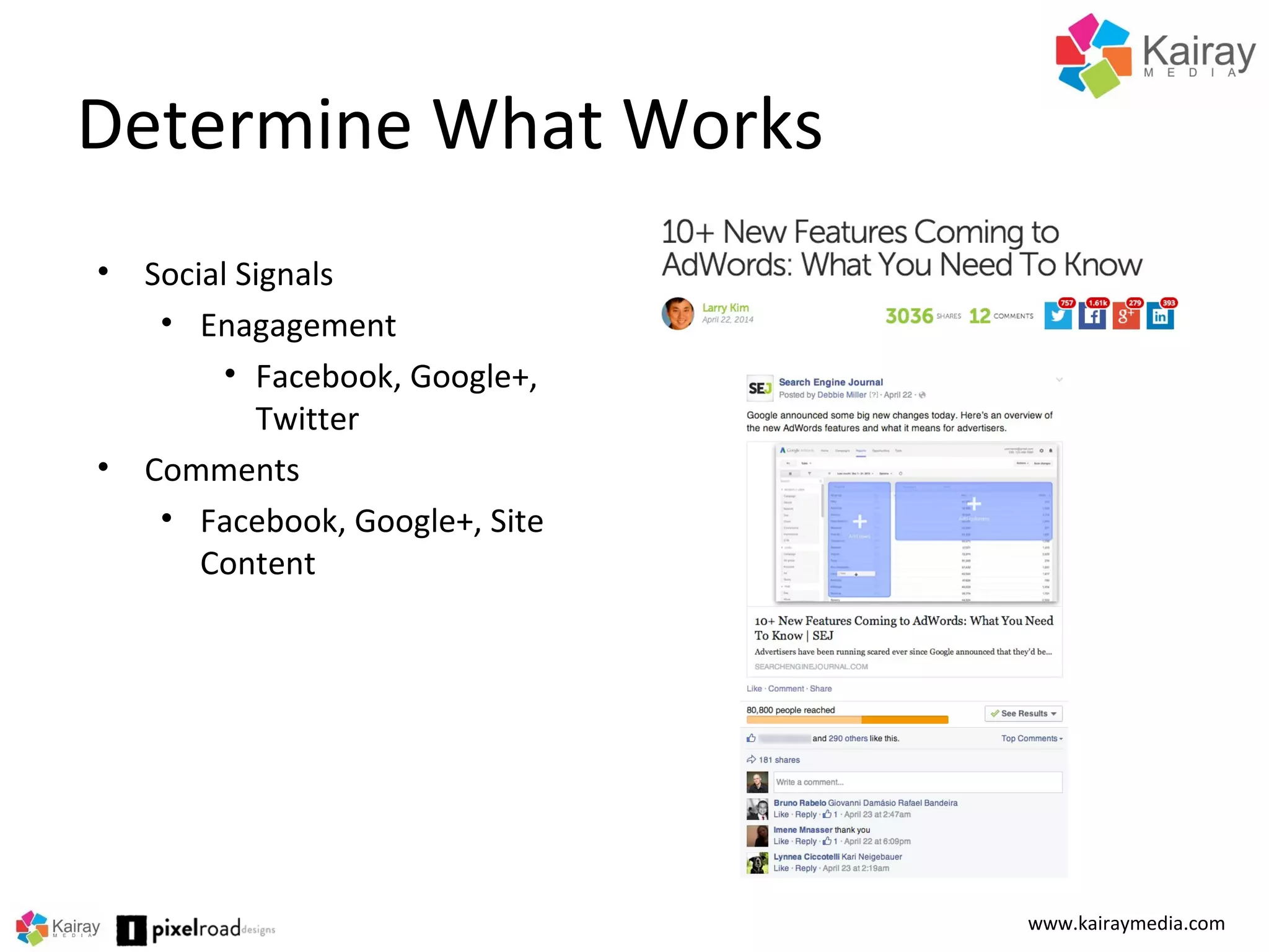 Determine What Works
www.kairaymedia.com
• Social Signals
• Enagagement
• Facebook, Google+,
Twitter
• Comments
• Facebook, Google+, Site
Content
 