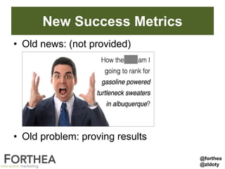 New Success Metrics
• Old news: (not provided)
• Old problem: proving results
@forthea
@zldoty
 