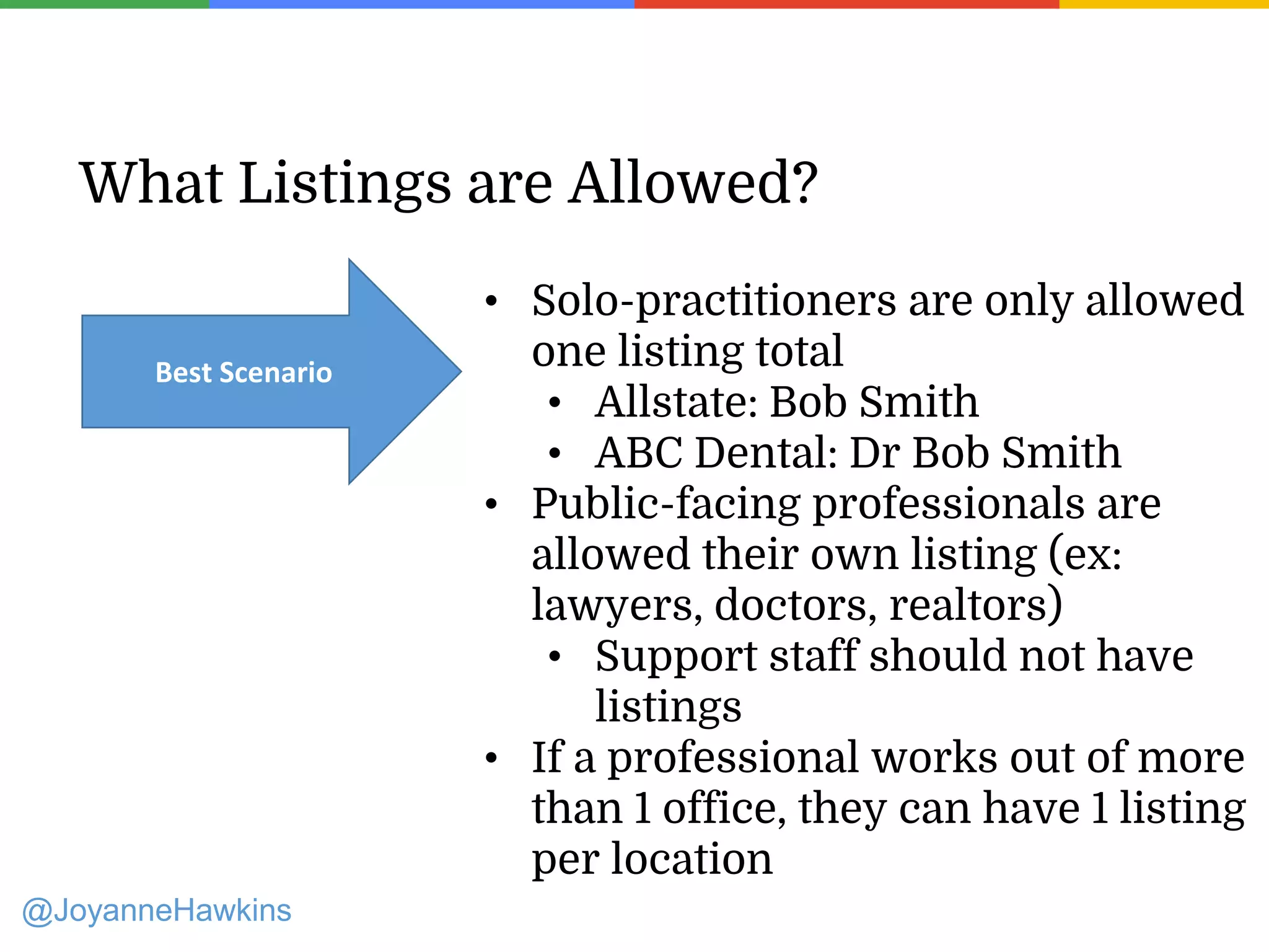 Presenter Name : Company Name : Twitter Handle
What Listings are Allowed?
• Solo-practitioners are only allowed
one listing total
• Allstate: Bob Smith
• ABC Dental: Dr Bob Smith
• Public-facing professionals are
allowed their own listing (ex:
lawyers, doctors, realtors)
• Support staff should not have
listings
• If a professional works out of more
than 1 office, they can have 1 listing
per location
Best Scenario
@JoyanneHawkins
 