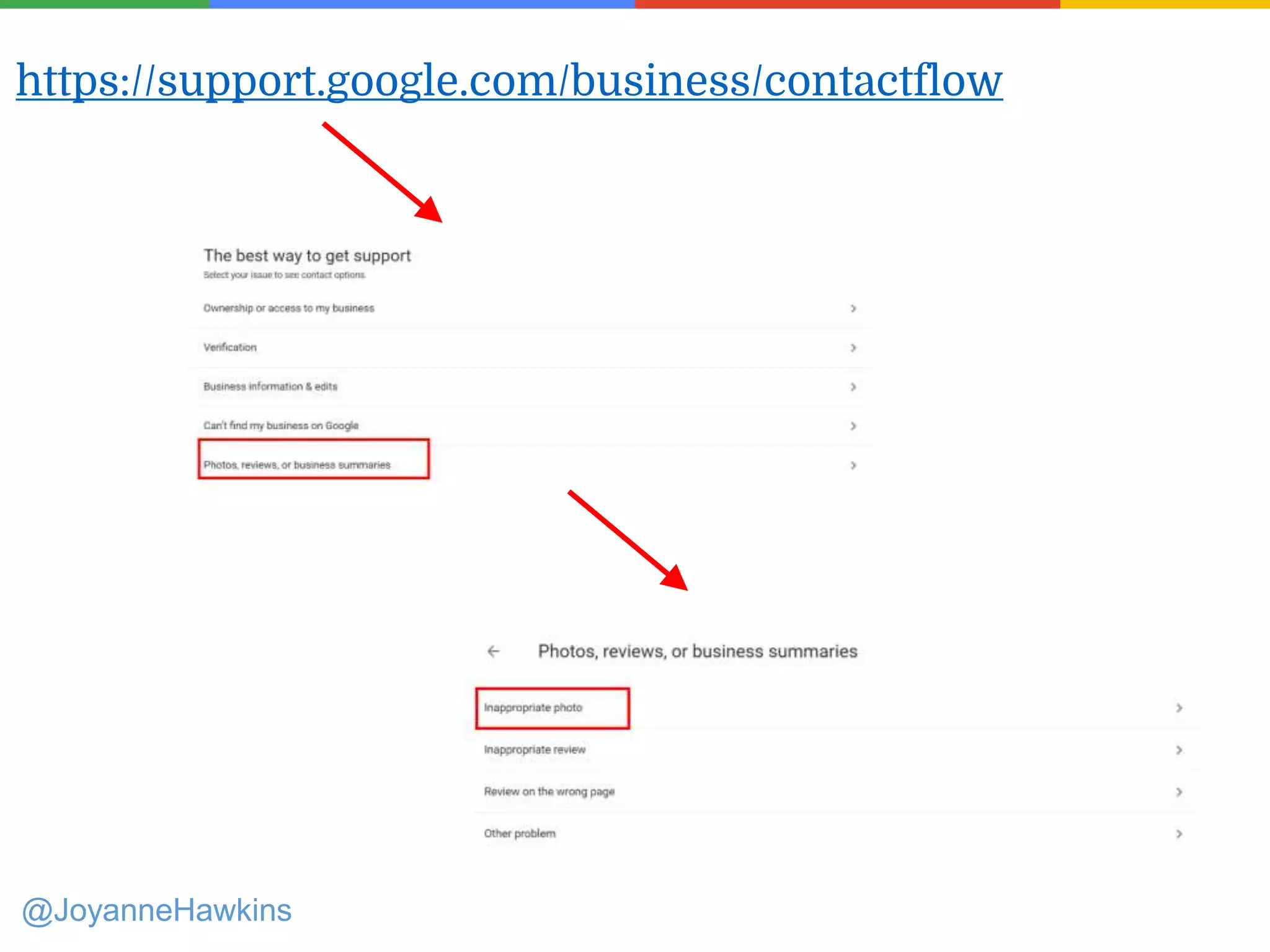 @JoyanneHawkins
https://support.google.com/business/contactflow
 