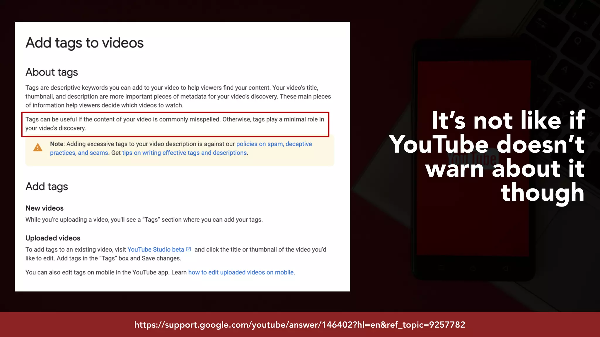 #youtubeseo at #smxadvanced by @aleyda from @oraintihttps://support.google.com/youtube/answer/146402?hl=en&ref_topic=9257782
It’s not like if
YouTube doesn’t
warn about it
though
 