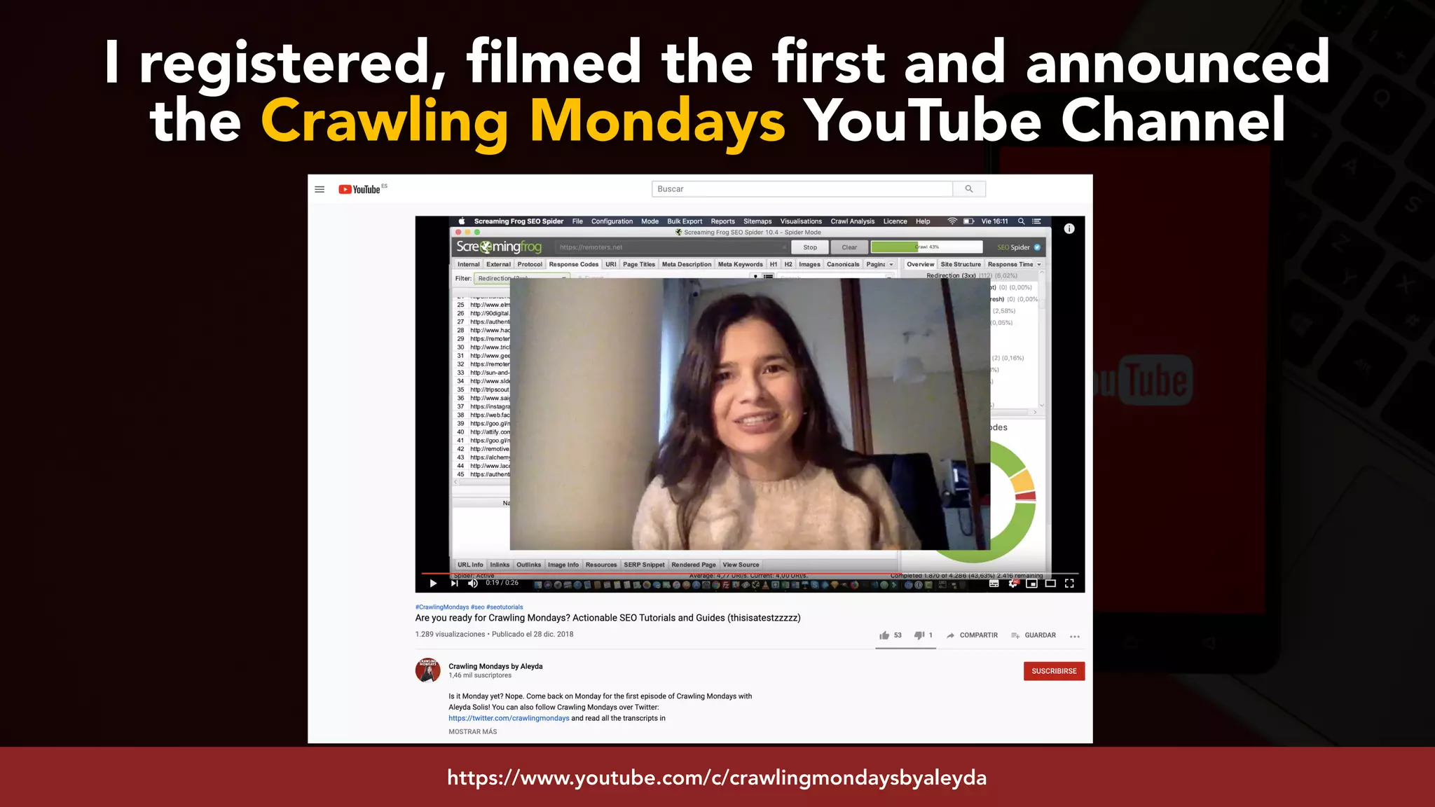 #youtubeseo at #smxadvanced by @aleyda from @oraintihttps://www.youtube.com/c/crawlingmondaysbyaleyda
I registered, filmed the first and announced  
the Crawling Mondays YouTube Channel
 