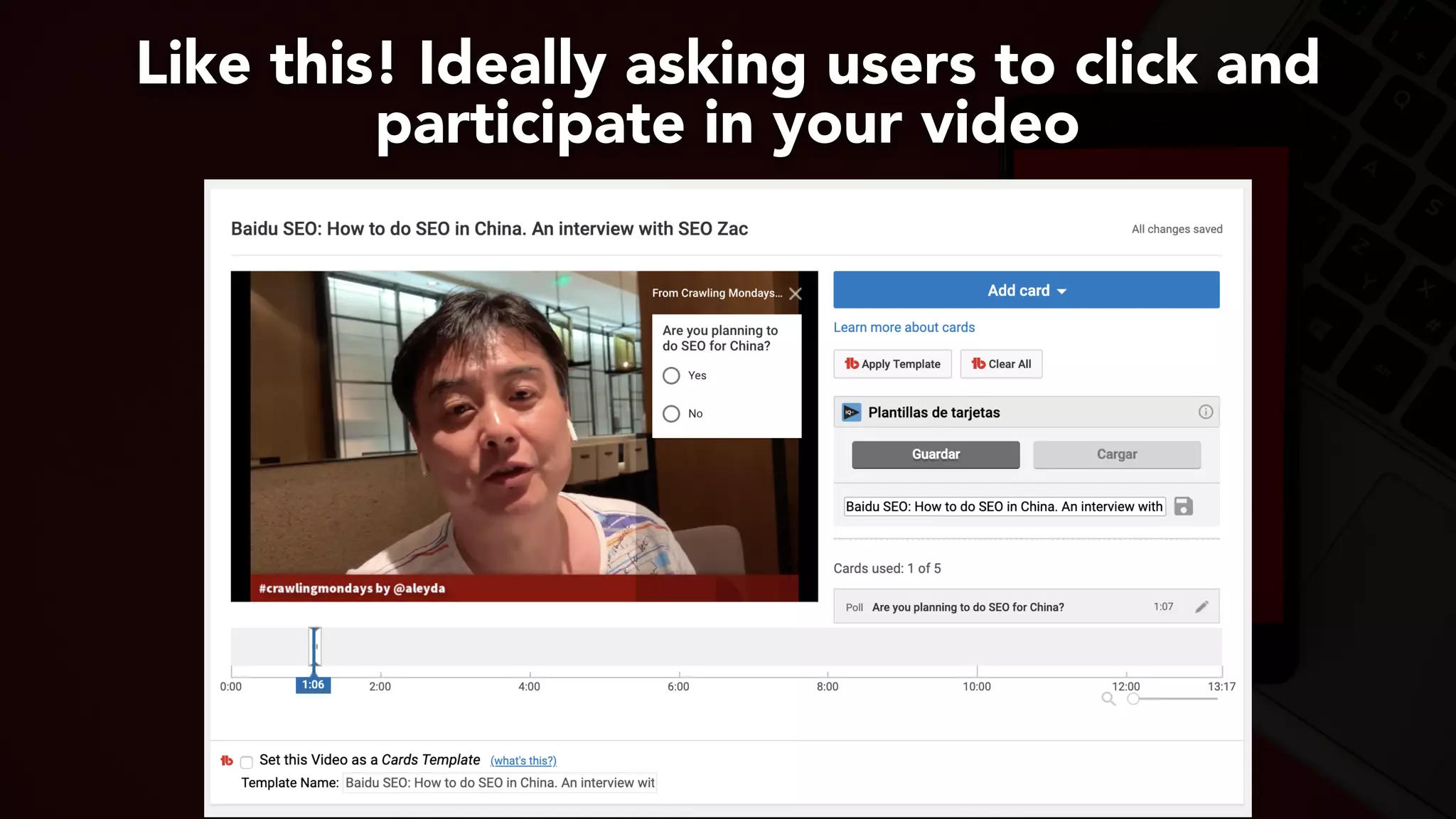 #youtubeseo at #smxadvanced by @aleyda from @orainti
Like this! Ideally asking users to click and
participate in your video
 