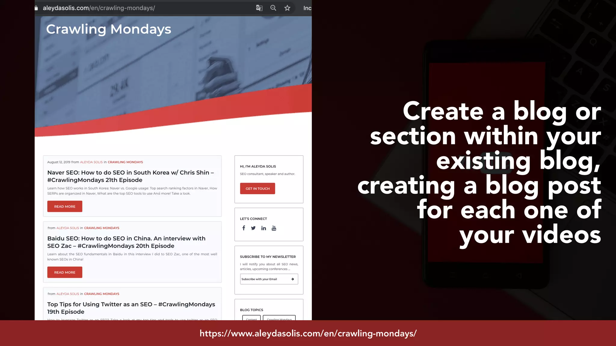 #youtubeseo at #smxadvanced by @aleyda from @orainti
Create a blog or
section within your
existing blog,
creating a blog post
for each one of
your videos
https://www.aleydasolis.com/en/crawling-mondays/
 