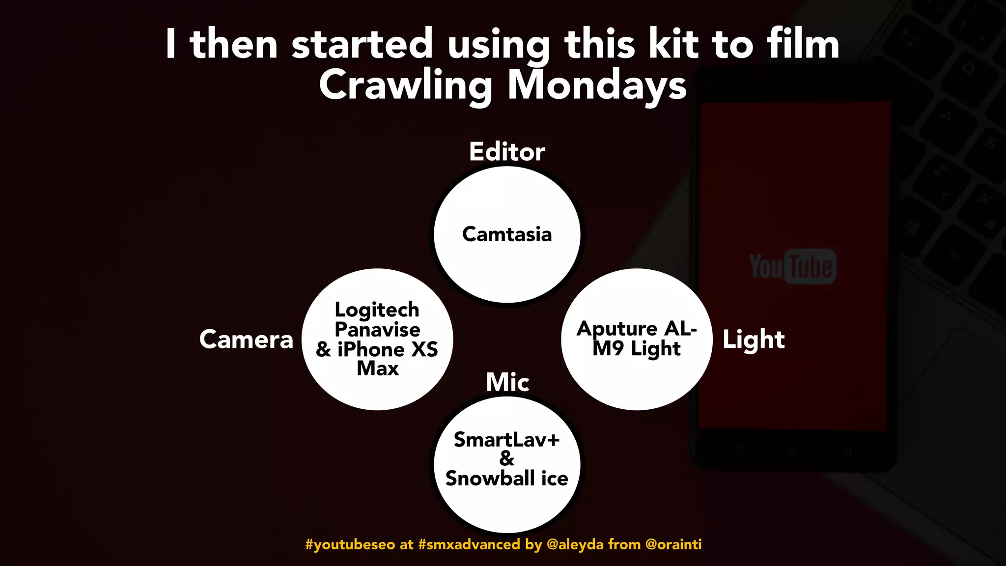 #youtubeseo at #smxadvanced by @aleyda from @orainti
I then started using this kit to film  
Crawling Mondays
Logitech
Panavise 
& iPhone XS
Max
SmartLav+ 
&  
Snowball ice
Aputure AL-
M9 Light
Mic
LightCamera
Camtasia
Editor
 