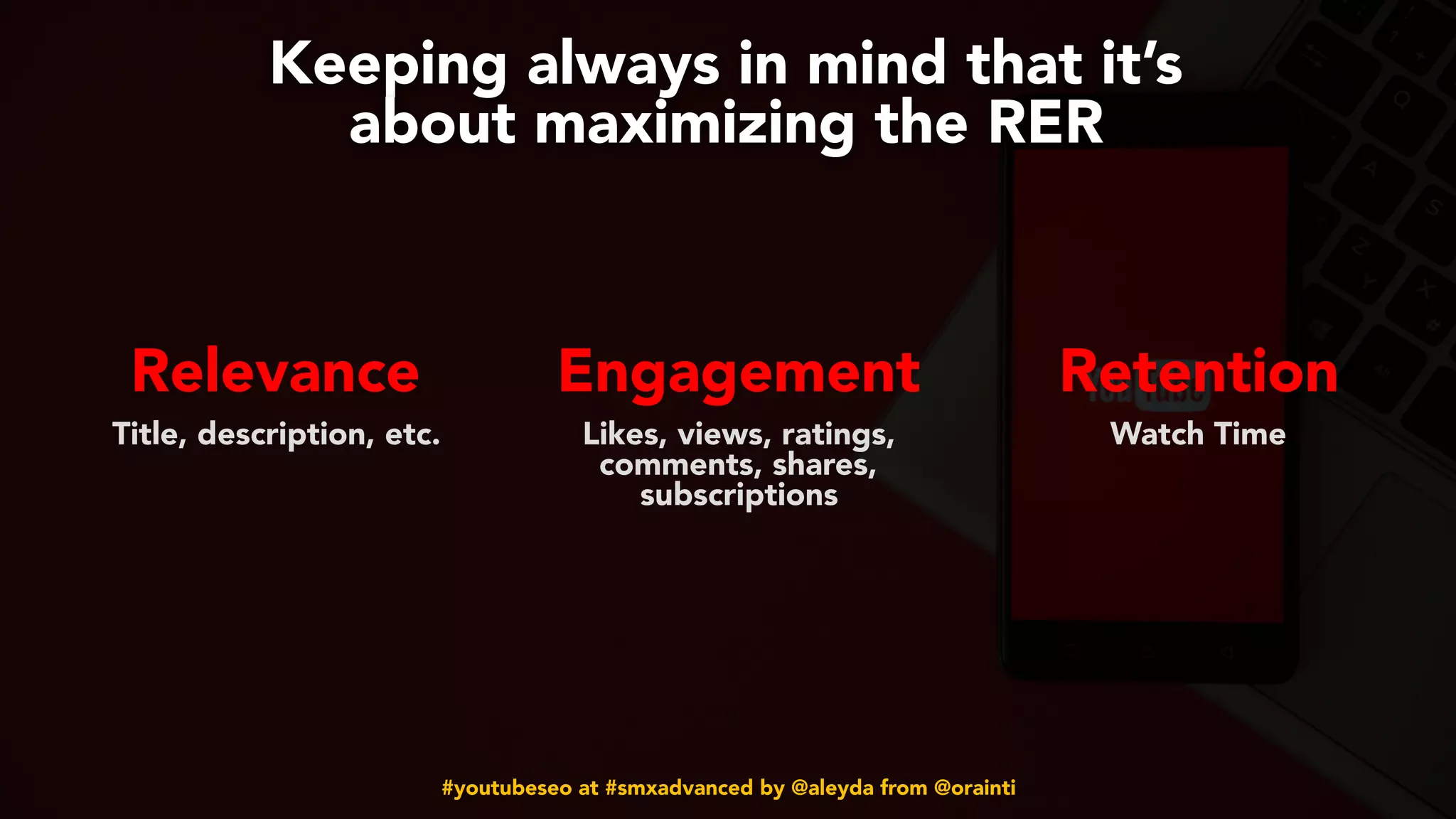 #youtubeseo at #smxadvanced by @aleyda from @orainti
Keeping always in mind that it’s  
about maximizing the RER
Relevance Engagement Retention 
Title, description, etc. Likes, views, ratings,
comments, shares,
subscriptions
 
Watch Time
 