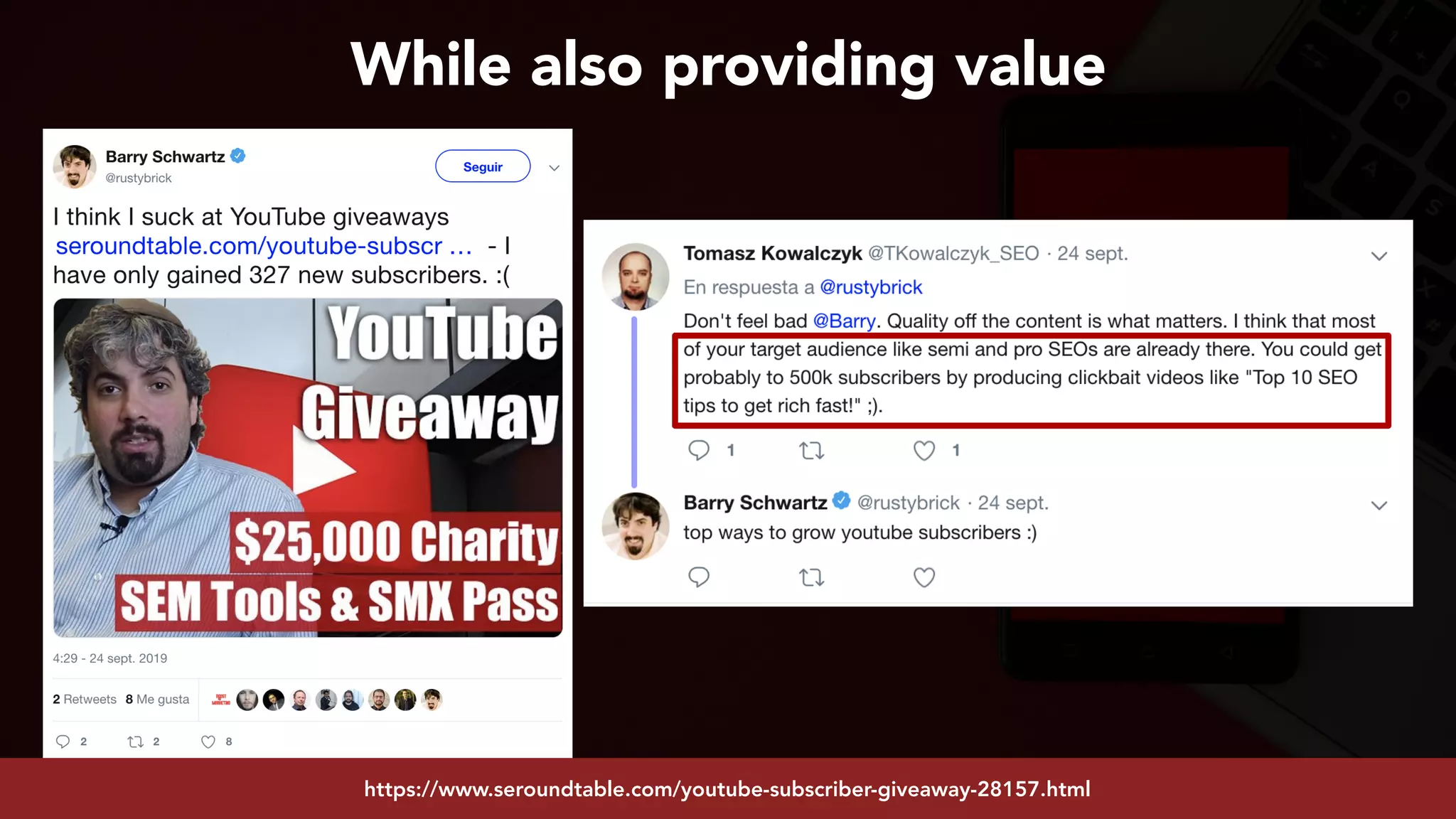 #youtubeseo at #smxadvanced by @aleyda from @oraintihttps://www.seroundtable.com/youtube-subscriber-giveaway-28157.html
While also providing value
 
