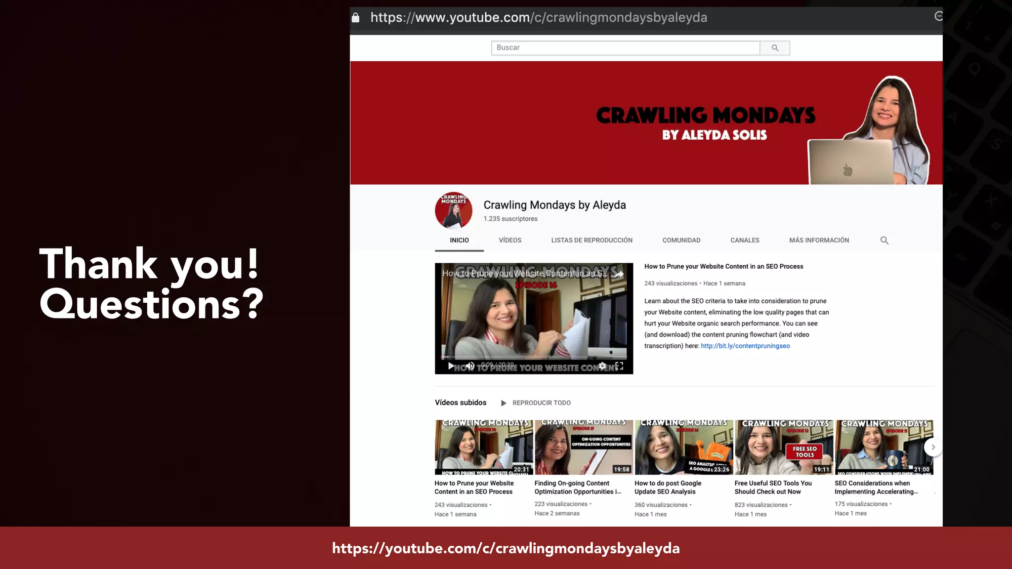 #youtubeseo at #smxadvanced by @aleyda from @oraintihttps://youtube.com/c/crawlingmondaysbyaleyda
Thank you!
Questions?
 