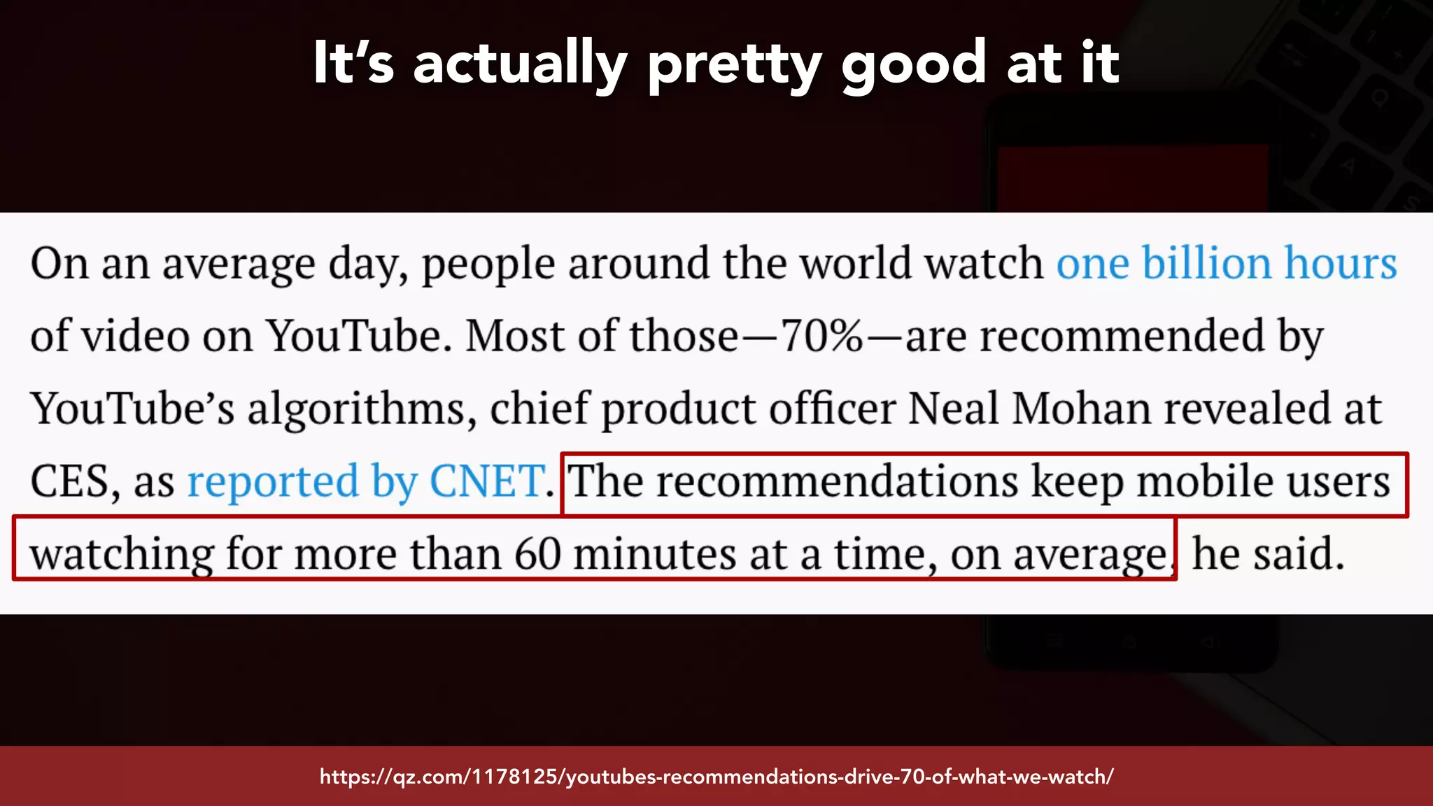 #youtubeseo at #smxadvanced by @aleyda from @oraintihttps://qz.com/1178125/youtubes-recommendations-drive-70-of-what-we-watch/
It’s actually pretty good at it
 