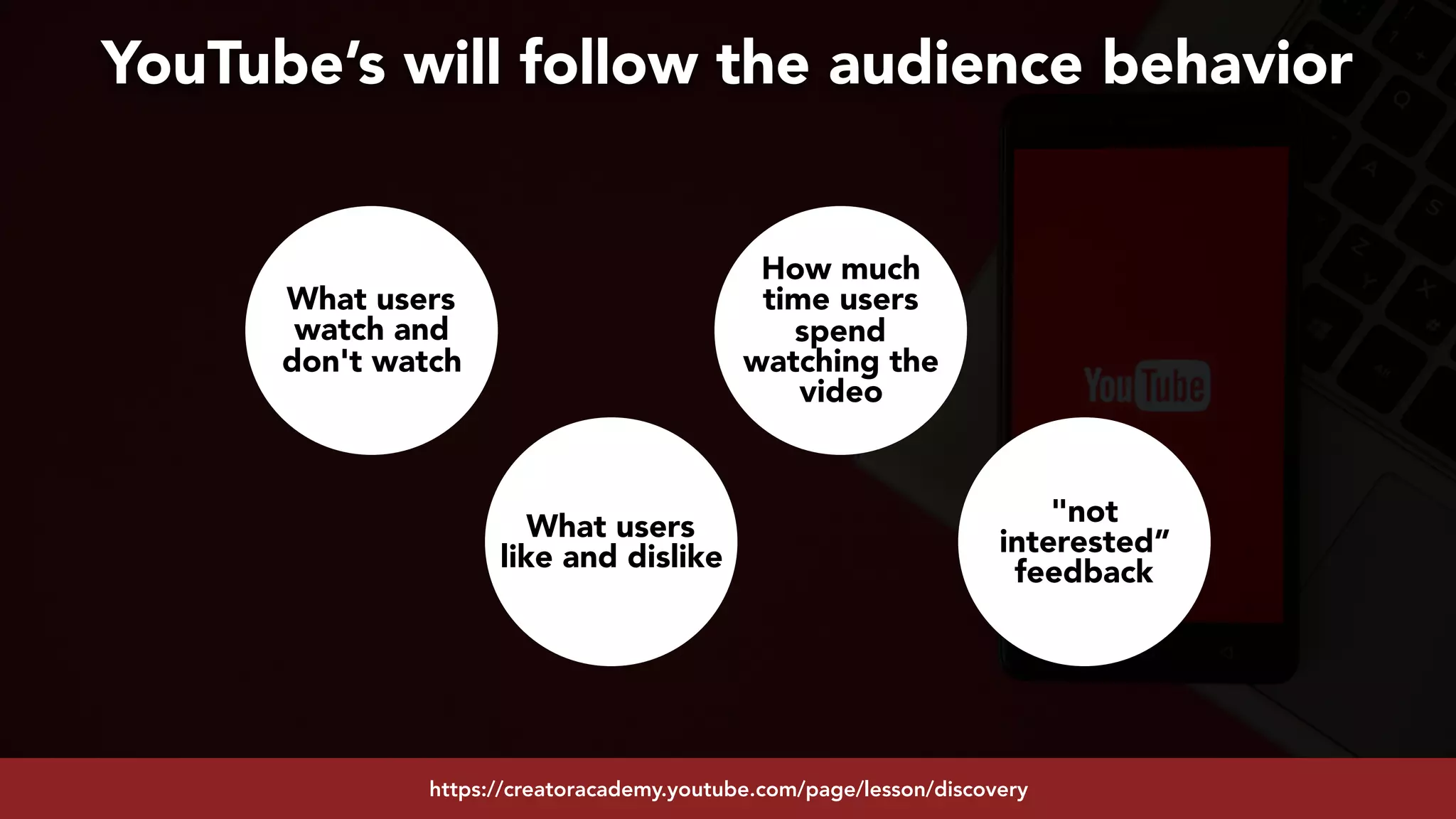 #youtubeseo at #smxadvanced by @aleyda from @oraintihttps://creatoracademy.youtube.com/page/lesson/discovery
YouTube’s will follow the audience behavior
What users
watch and
don't watch
What users
like and dislike
How much
time users
spend
watching the
video
"not
interested”
feedback
 
