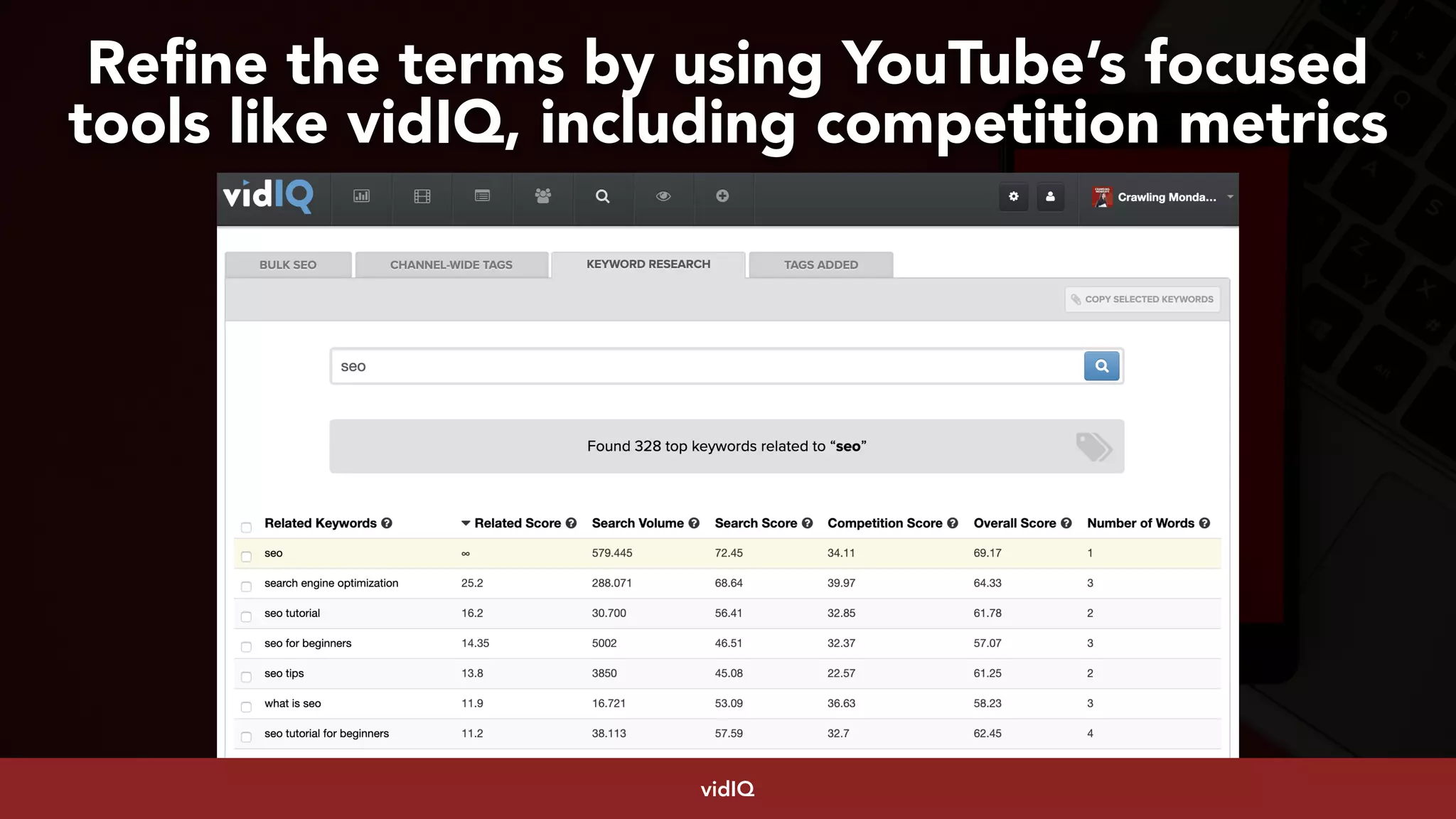 #youtubeseo at #smxadvanced by @aleyda from @orainti
Refine the terms by using YouTube’s focused  
tools like vidIQ, including competition metrics
vidIQ
 