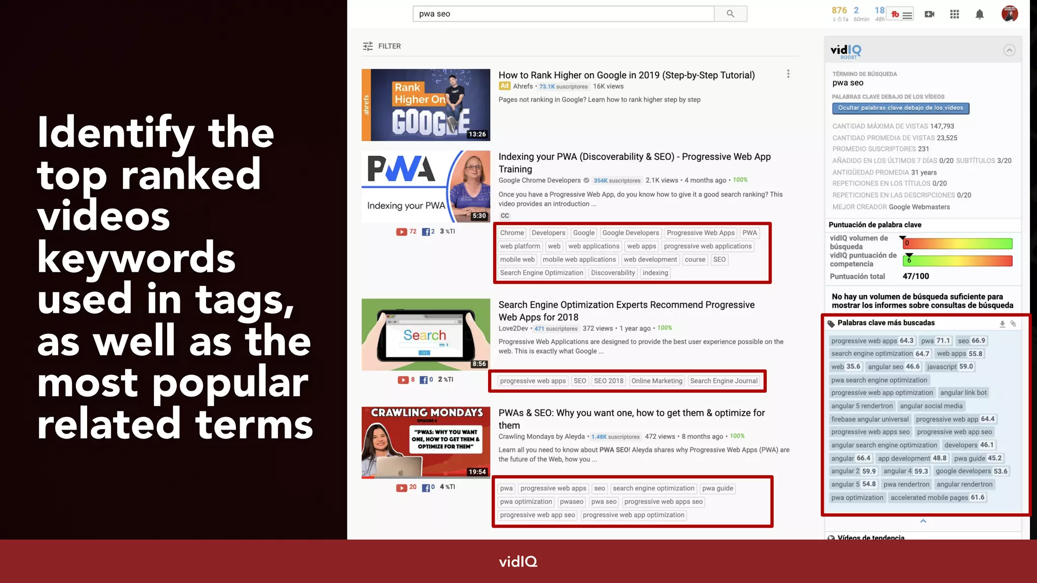 #youtubeseo at #smxadvanced by @aleyda from @oraintividIQ
Identify the
top ranked
videos
keywords
used in tags,
as well as the
most popular
related terms
 