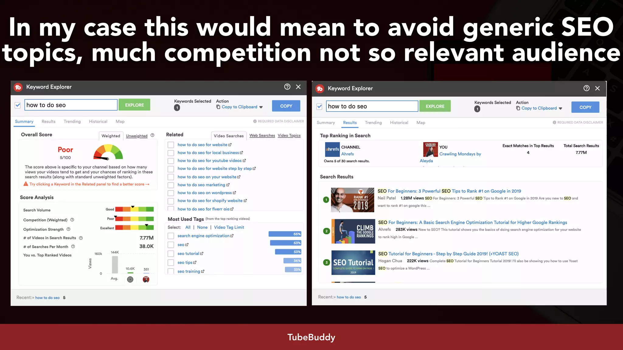 #youtubeseo at #smxadvanced by @aleyda from @oraintiTubeBuddy
In my case this would mean to avoid generic SEO
topics, much competition not so relevant audience
 