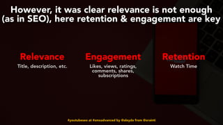 #youtubeseo at #smxadvanced by @aleyda from @orainti
However, it was clear relevance is not enough  
(as in SEO), here retention & engagement are key
Relevance Engagement Retention 
Title, description, etc. Likes, views, ratings,
comments, shares,
subscriptions
 
Watch Time
 
