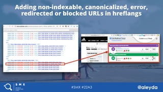 @aleyda#SMX #22A3
Adding non-indexable, canonicalized, error,
redirected or blocked URLs in hreﬂangs
 